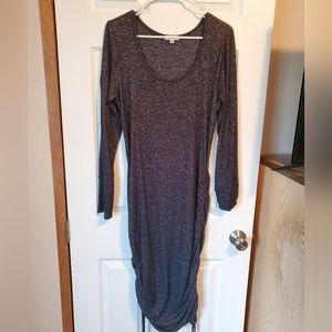 Black long-sleeved sweater dress with ruched bottom